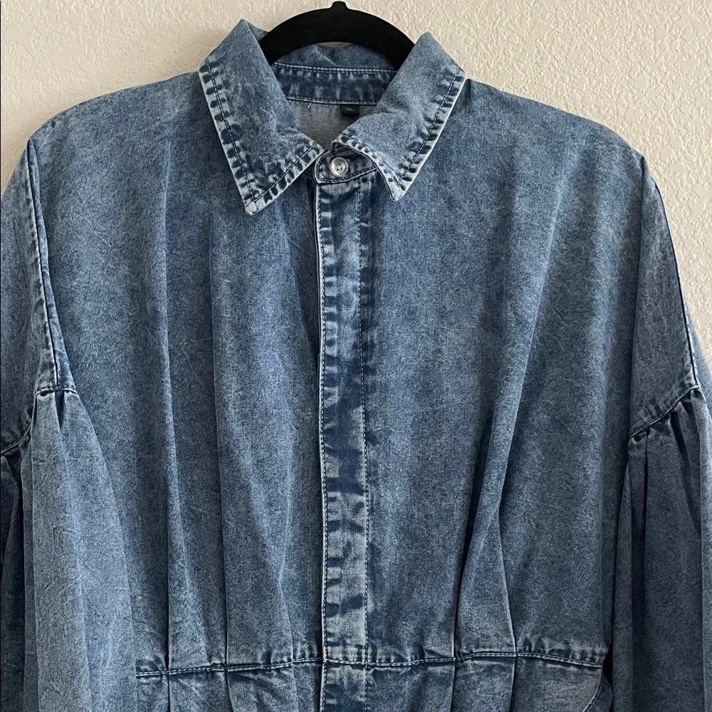 Women Denim Button-Up Ballon Sleeve Romper w/ Belt XL Causal Cotton Contemporary